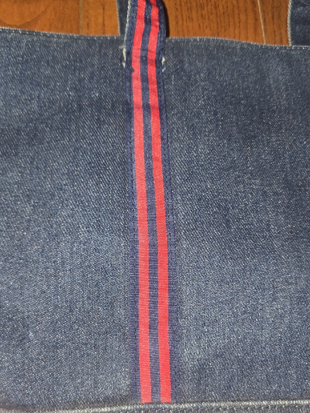 Denim Tote Bag with Red Stripe Handles - Picture 3 of 10